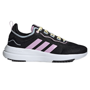 A black sneaker with a white sole features pink stripes, yellow laces, and a subtle blue accent along the lace line.