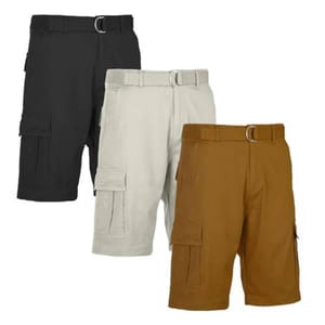 A set of three belted cargo shorts in black, beige, and brown, each featuring side pockets and made of a lightweight fabric.