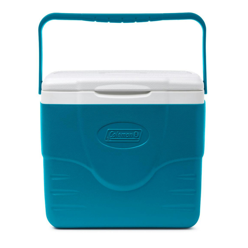 A teal and white Coleman cooler with a carrying handle.
