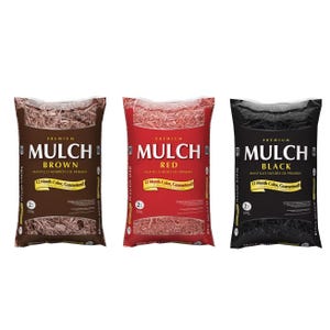 Three bags of premium mulch in brown, red, and black colors, each with a 12-month color guarantee.
