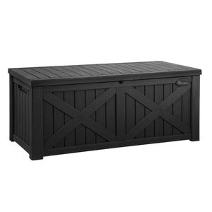 A black, rectangular outdoor storage box with a barn door design, featuring side handles and a front latch.
