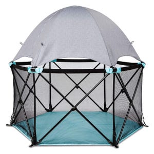 The Summer Infant Pop N' Play Playard is a portable playpen with a lightweight mesh design and a foldable frame. It features a dome-shaped canopy for sun protection and is suitable for indoor and outdoor use.