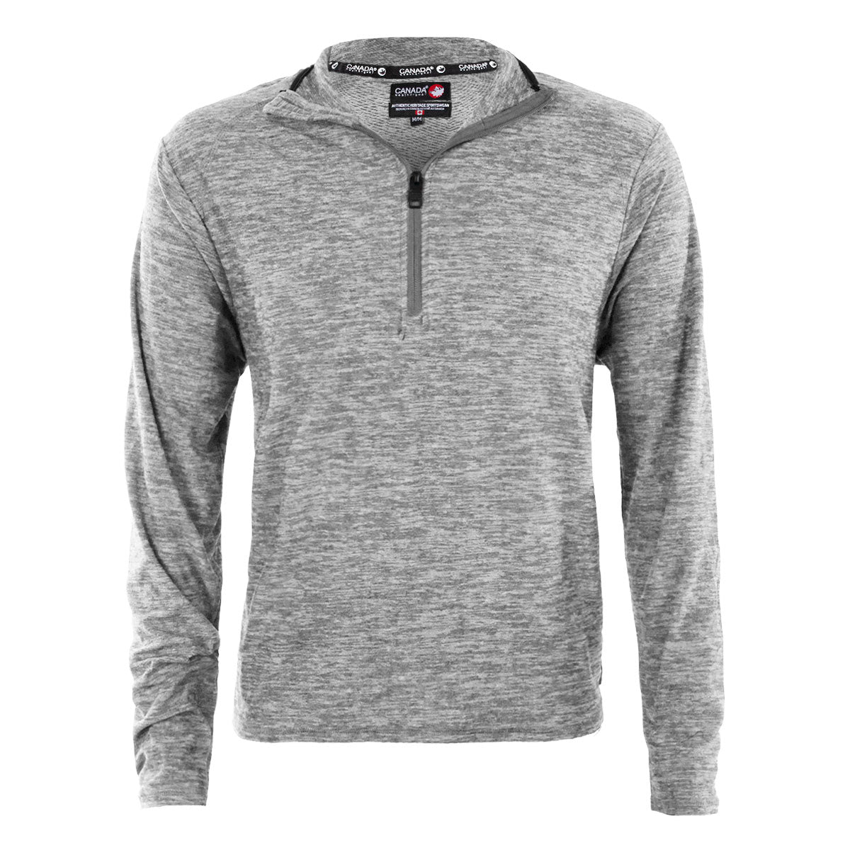 Heather grey pullover with a quarter-zip design, featuring long sleeves and a soft, lightweight fabric for comfort. Suitable for casual wear or layering.