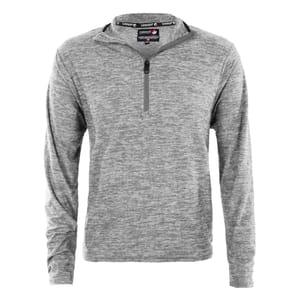 Heather grey pullover with a quarter-zip design, featuring long sleeves and a soft, lightweight fabric for comfort. Suitable for casual wear or layering.