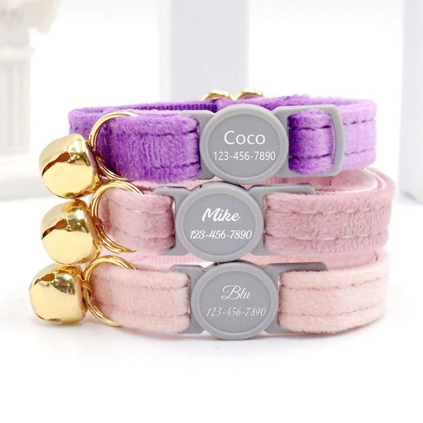 Three cat collars with bells are stacked, each featuring a name and phone number: \“Coco\“ on a purple collar, \“Mike\“ on a pink collar, and \“Blu\“ on a light pink collar.