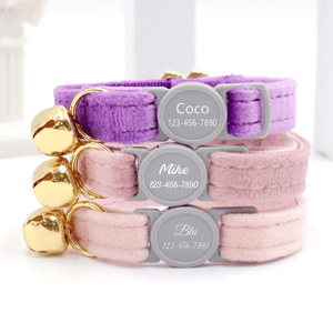 Three cat collars with bells are stacked, each featuring a name and phone number: \“Coco\“ on a purple collar, \“Mike\“ on a pink collar, and \“Blu\“ on a light pink collar.