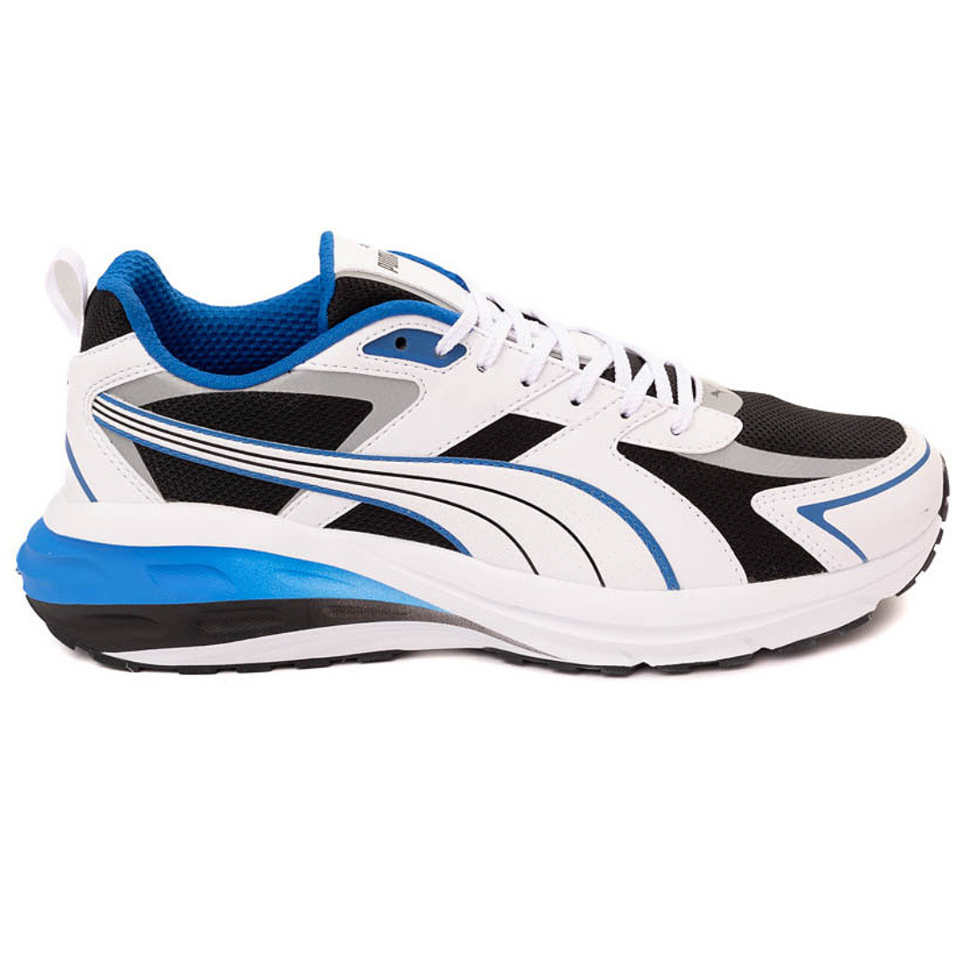 A sports shoe featuring a black, white, and blue design with a cushioned sole and lace-up style.