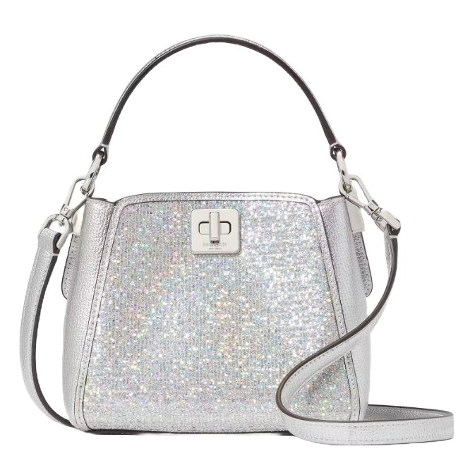 Kate Spade Phoebe Glitter Crossbody features a sparkling silver glitter finish with a top handle, adjustable strap, and a silver turn-lock closure.