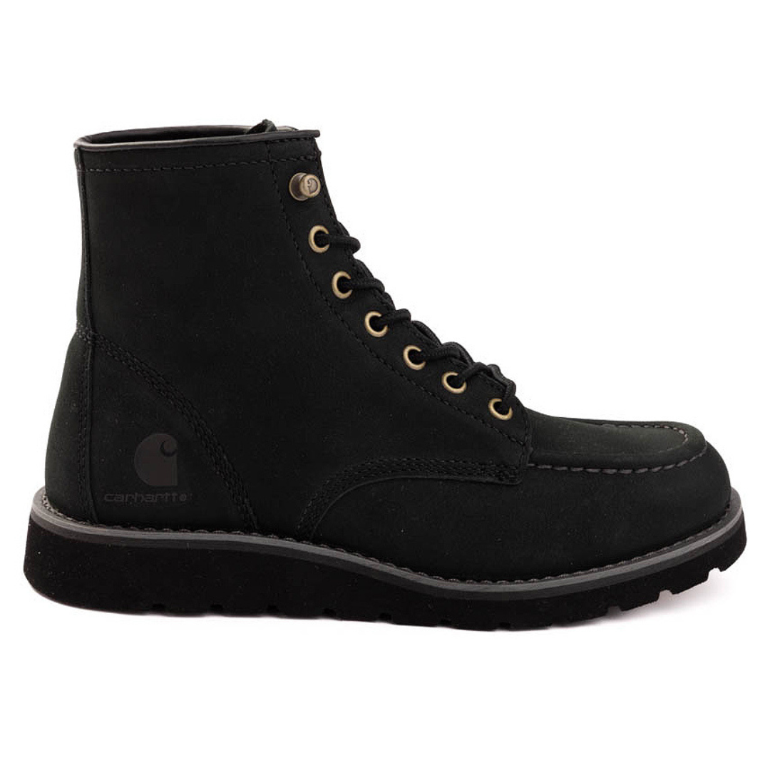 Black Carhartt Women's Wedge Boots feature a high-top design with brass eyelets, moc toe stitching, and a durable rubber sole. The Carhartt logo is embossed near the heel.