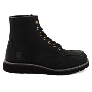 Black Carhartt Women's Wedge Boots feature a high-top design with brass eyelets, moc toe stitching, and a durable rubber sole. The Carhartt logo is embossed near the heel.