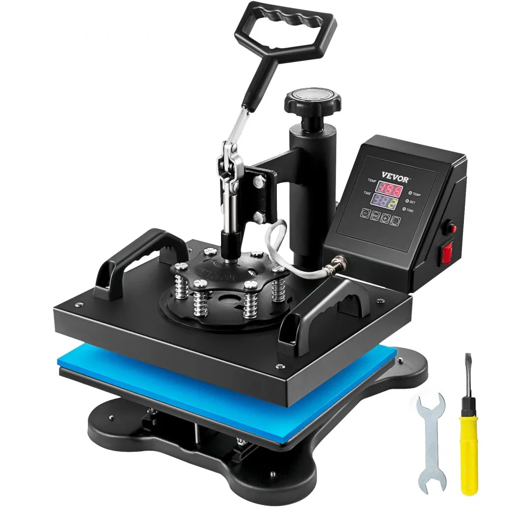 Heat press machine with a clamshell design, digital control panel, and accessories including a screwdriver and wrench. Ideal for transferring designs onto t-shirts and other fabrics.