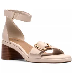 Beige leather sandal with a block heel and ankle strap, featuring a decorative gold-tone buckle and a smooth insole.