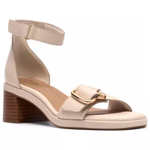Beige leather sandal with a block heel and ankle strap, featuring a decorative gold-tone buckle and a smooth insole.