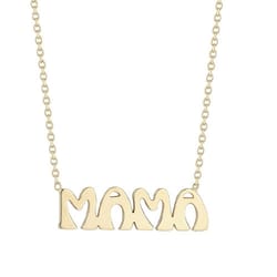 A gold necklace with the word \“MAMA\“ crafted in stylized letters hanging from a delicate chain.