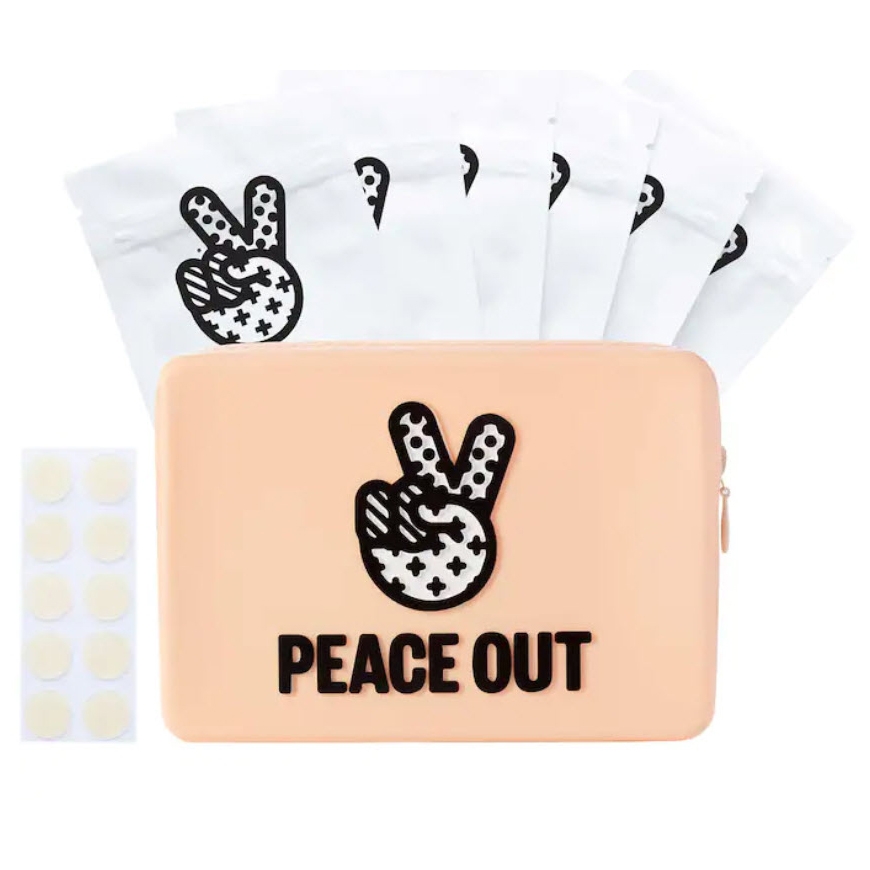 60ct Salicylic Acne Healing Dots are small, circular patches designed to target acne with salicylic acid, accompanied by a zippered pouch featuring a peace sign graphic.