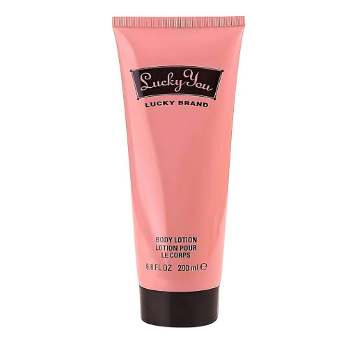 Lucky You Lucky Brand Body Lotion, 6.8 fl oz (200 ml), comes in a pink tube featuring black and white text.