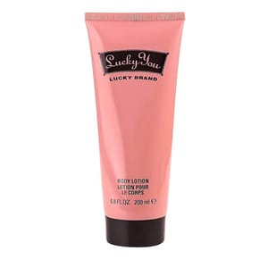 Lucky You Lucky Brand Body Lotion, 6.8 fl oz (200 ml), comes in a pink tube featuring black and white text.