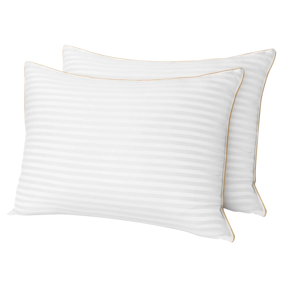2-pack of queen-size plush gel pillows with a subtle striped pattern and golden piping along the edges, designed for enhanced comfort and support.