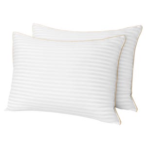 2-pack of queen-size plush gel pillows with a subtle striped pattern and golden piping along the edges, designed for enhanced comfort and support.