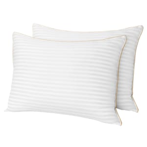 2-pack of queen-size plush gel pillows with a subtle striped pattern and golden piping along the edges, designed for enhanced comfort and support.
