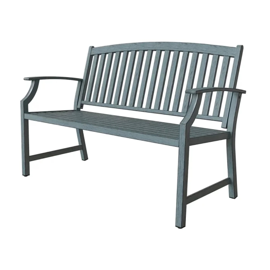 A steel patio bench with a blue finish, featuring a slatted back and seat, slightly curved backrest, and armrests for outdoor seating.