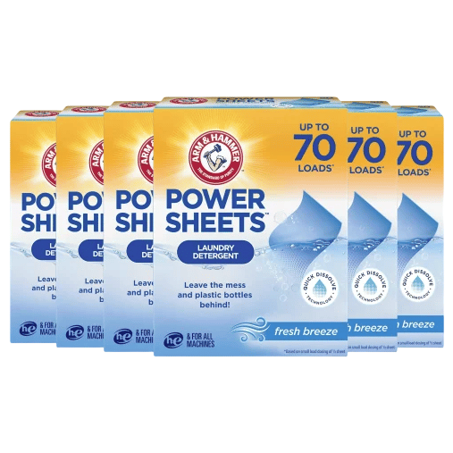 Arm & Hammer Power Sheets Laundry Detergent, fresh breeze scent, offers up to 70 loads per pack. Suitable for all machines, with no mess and no plastic bottles.