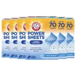 Arm & Hammer Power Sheets Laundry Detergent, fresh breeze scent, offers up to 70 loads per pack. Suitable for all machines, with no mess and no plastic bottles.