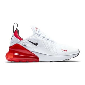 Men's Nike Air Max 270 Shoes feature a white mesh upper, black Swoosh logo, red accents, and a distinctive red Air Max heel unit. They are designed for comfort and style with a modern, sporty look.