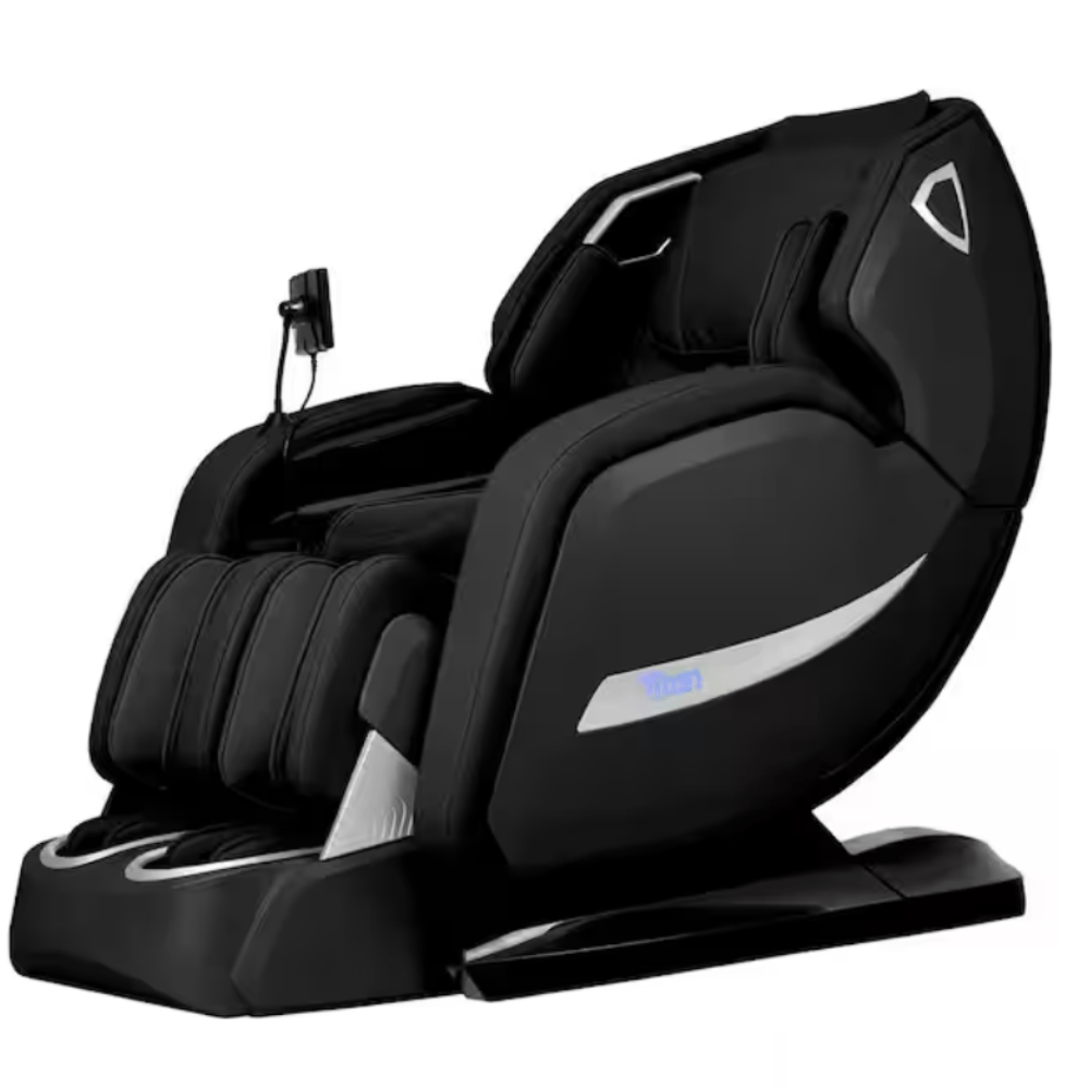 A black massage chair with a sleek, modern design featuring padded armrests, leg compartments, and an attached control panel.