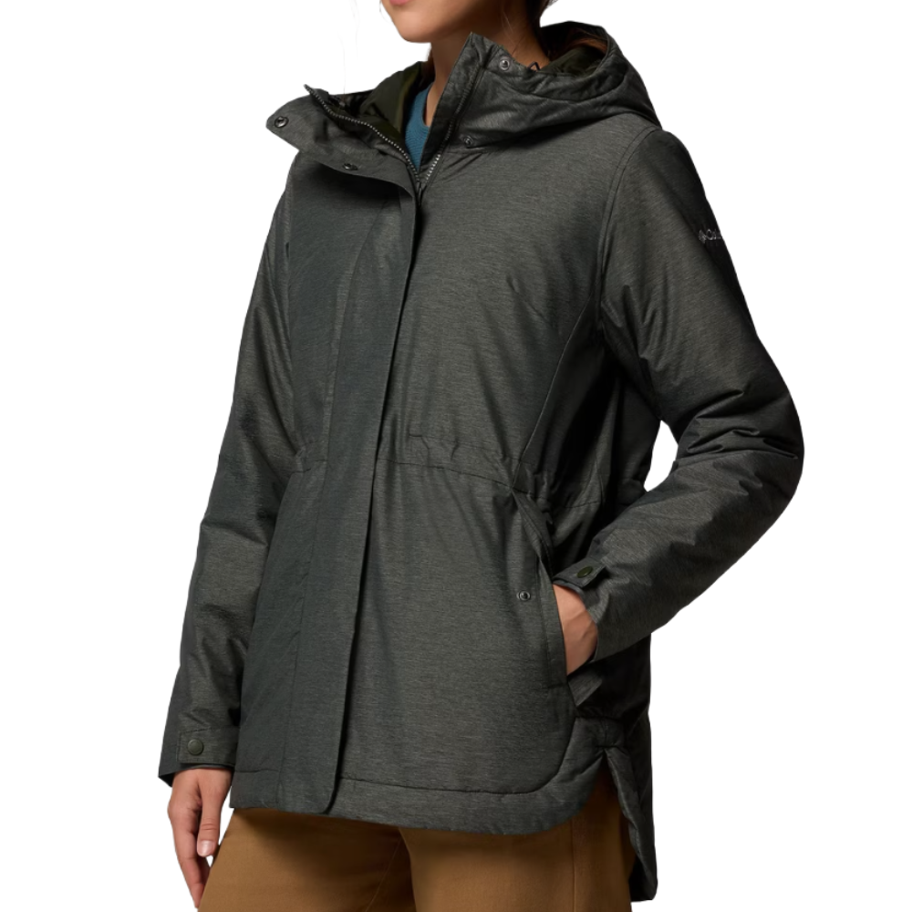 A dark gray hooded winter jacket with a high collar and snap-button cuffs, featuring a relaxed fit and side pockets.