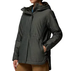 A dark gray hooded winter jacket with a high collar and snap-button cuffs, featuring a relaxed fit and side pockets.