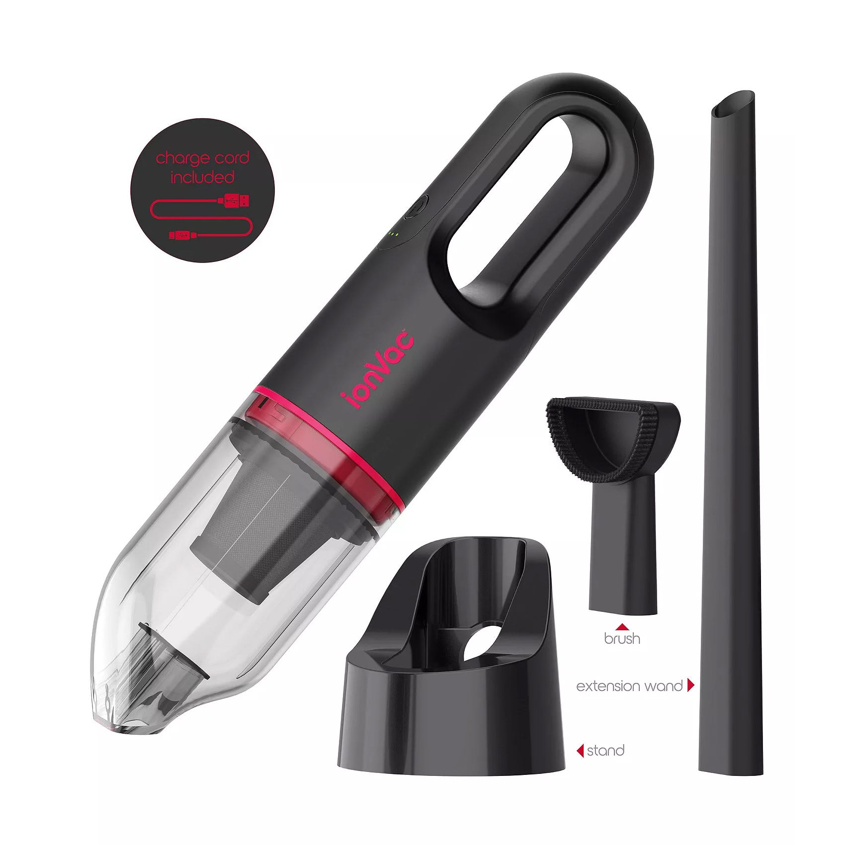 Handheld vacuum cleaner with charging cord, brush, extension wand, and stand.