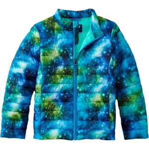 Kids' insulated jacket with a green and blue tie-dye pattern and a light blue zipper.