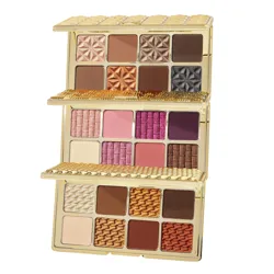 An eyeshadow palette with three foldable tiers featuring a variety of shades, including neutrals, pinks, and metallics. Each shadow is textured with distinctive patterns.
