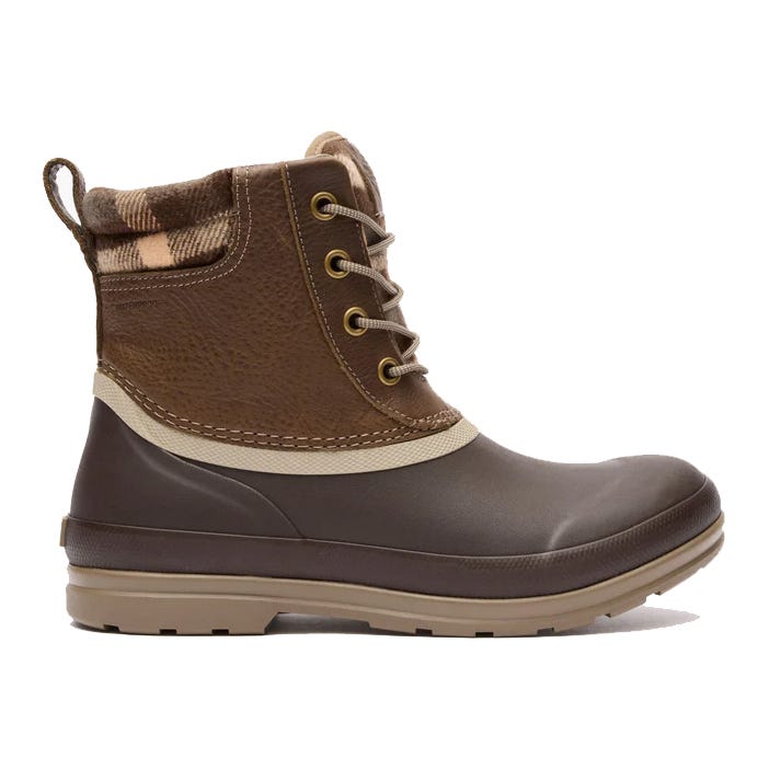 Brown waterproof ankle boot featuring a plaid cuff, lace-up front, rubber sole, and leather accents.