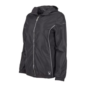 Black Spyder women's full-zip jacket with hood, featuring a silver zipper and white Spyder logo on the front.