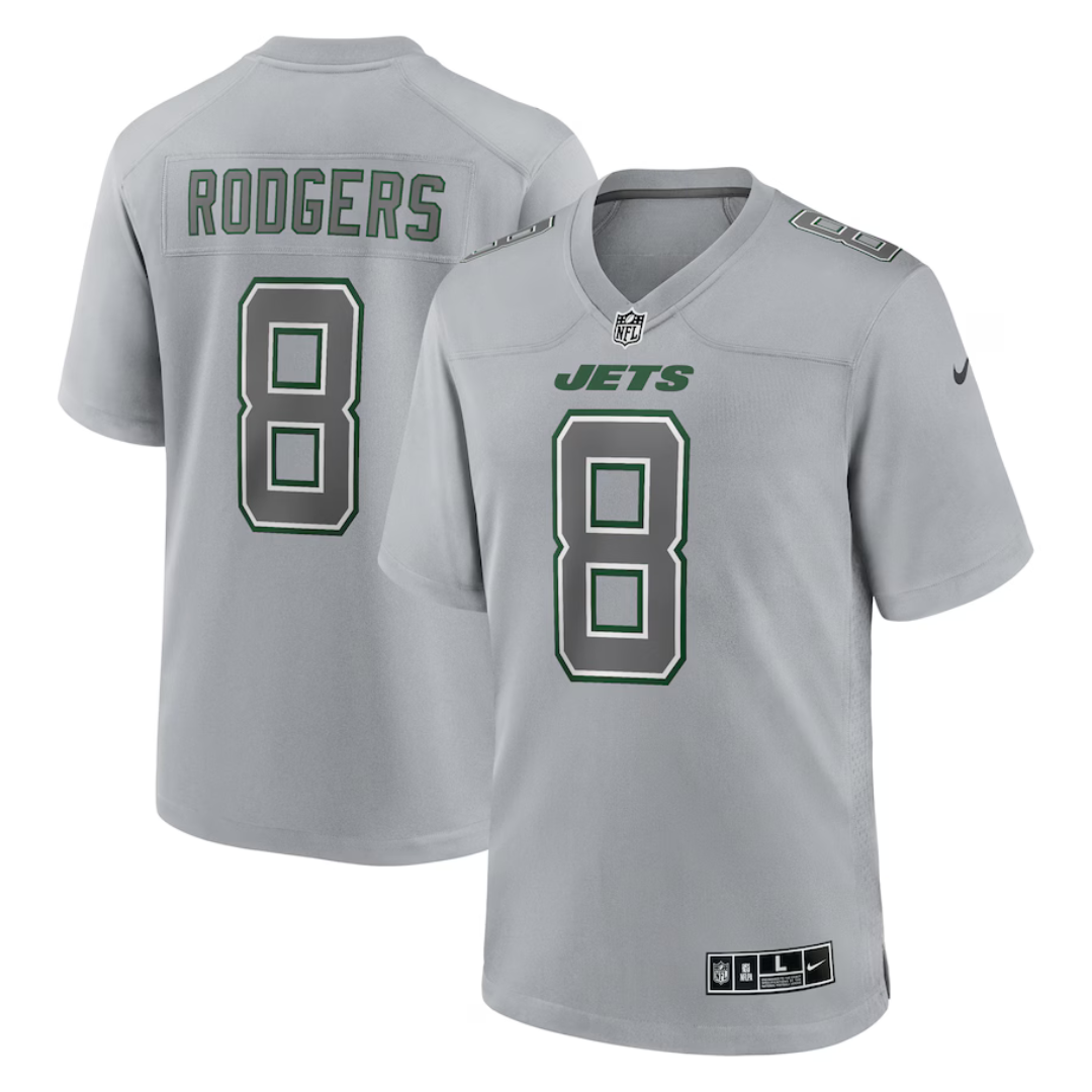 Gray NFL New York Jets jersey with the name \“Rodgers\“ and number 8, featuring Nike branding.