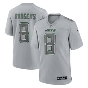 Gray NFL New York Jets jersey with the name \“Rodgers\“ and number 8, featuring Nike branding.