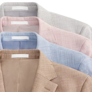 A display of four blazers in shades of beige, light blue, pink, and light gray, showcasing their collars and inner linings.