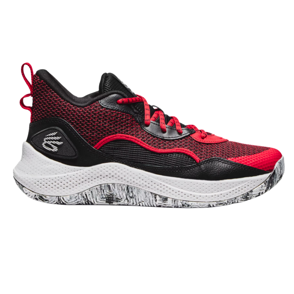 Red and black athletic sneaker with a textured fabric upper, white midsole, and a patterned sole.