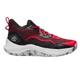 Red and black athletic sneaker with a textured fabric upper, white midsole, and a patterned sole.