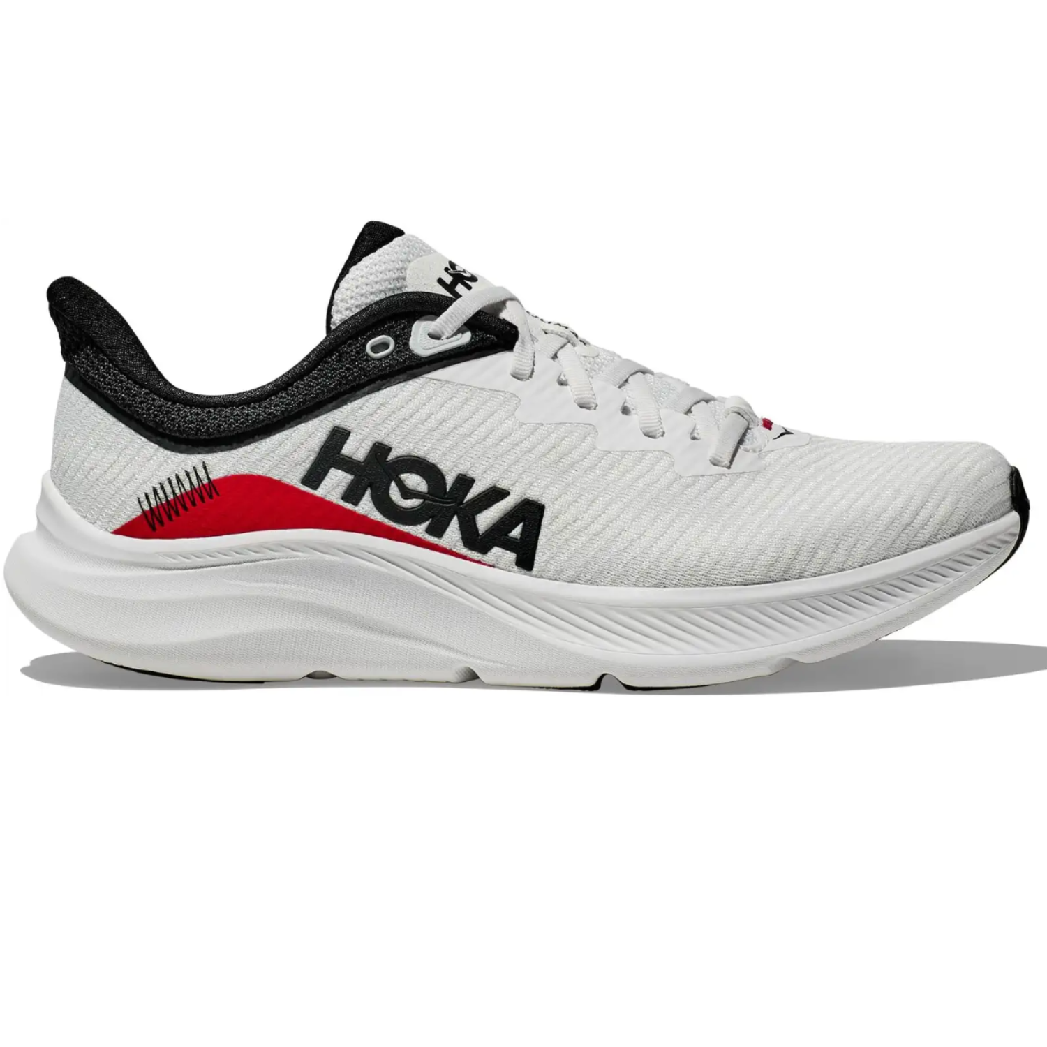 Hoka Men's Solimar Shoes are lightweight running footwear featuring a white mesh upper with black and red accents, a cushioned sole, and the HOKA logo on the side for comfort and style.