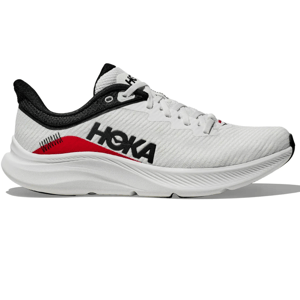 Hoka Men's Solimar Shoes are lightweight running footwear featuring a white mesh upper with black and red accents, a cushioned sole, and the HOKA logo on the side for comfort and style.