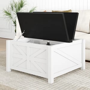 White wooden lift-top coffee table with a black top and geometric panel design, featuring interior storage.