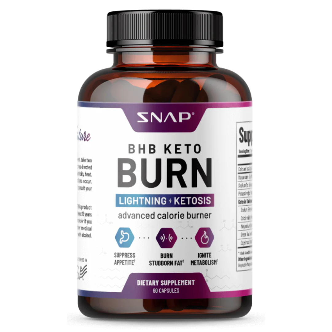 Snap BHB Keto Burn is a dietary supplement with 60 capsules designed for advanced calorie burning, supporting ketosis, suppressing appetite, burning fat, and igniting metabolism.