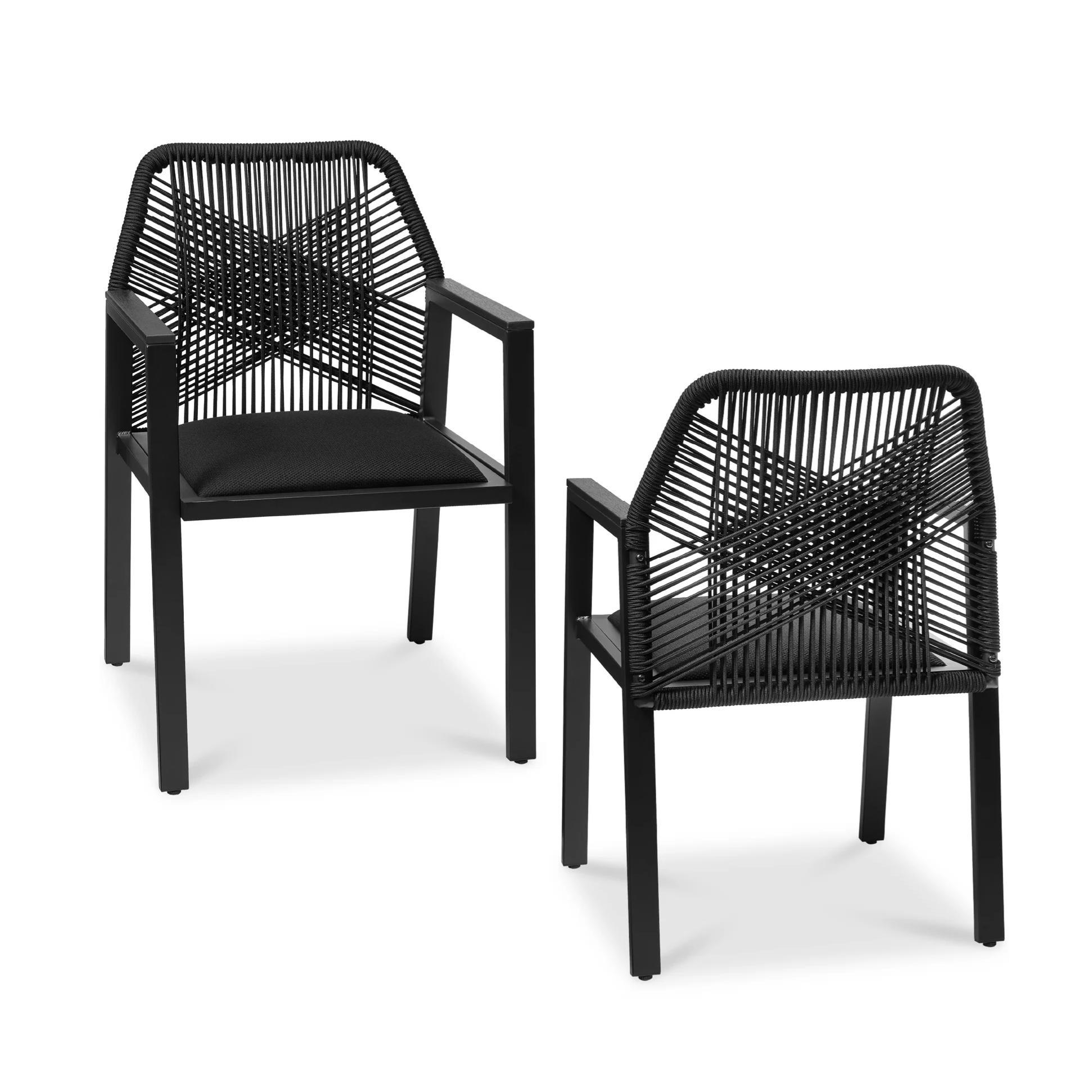 Black outdoor armchairs with woven rope backs in a geometric pattern, featuring cushioned seats and sturdy rectangular frames.