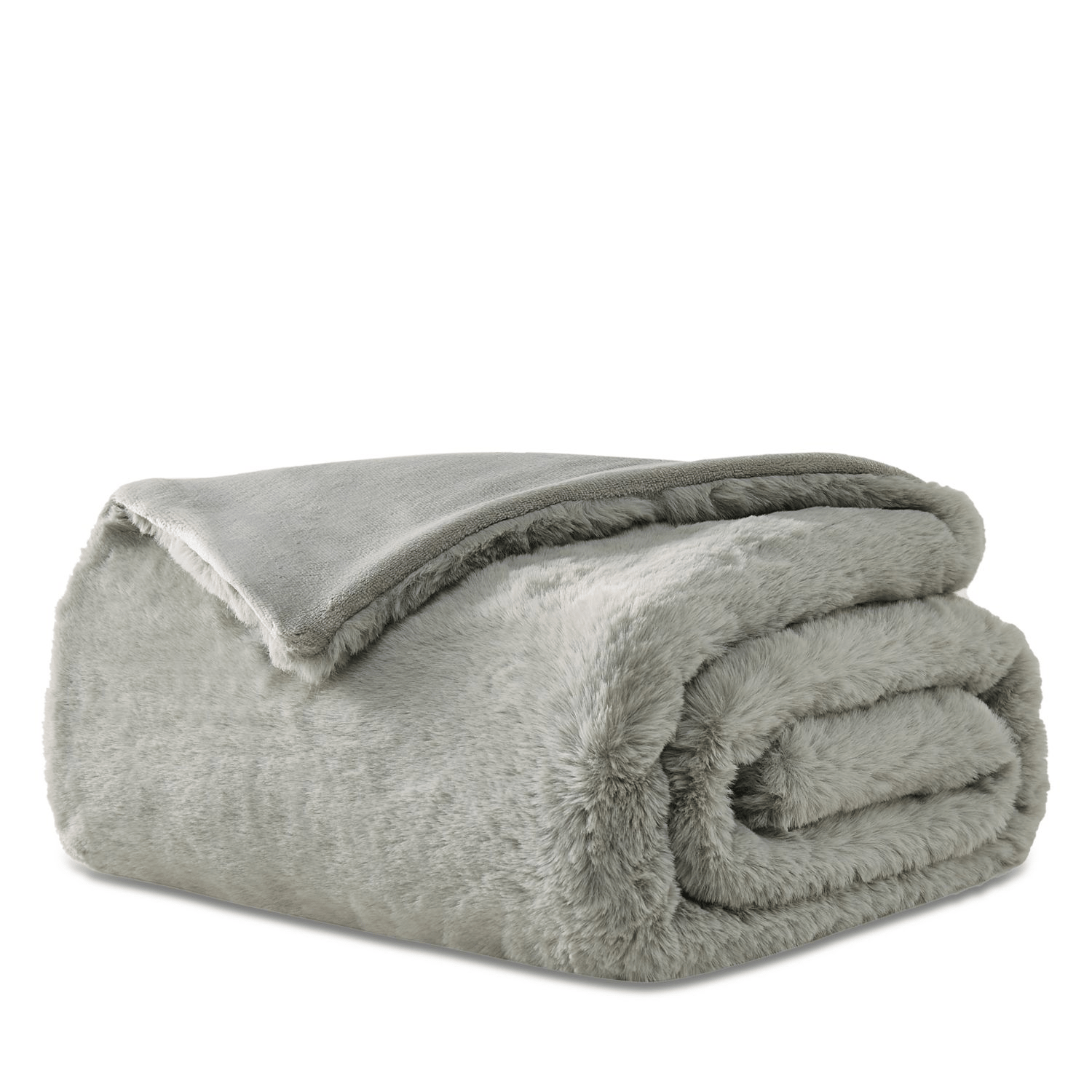 A folded, soft gray faux fur blanket with a smooth underside is shown.