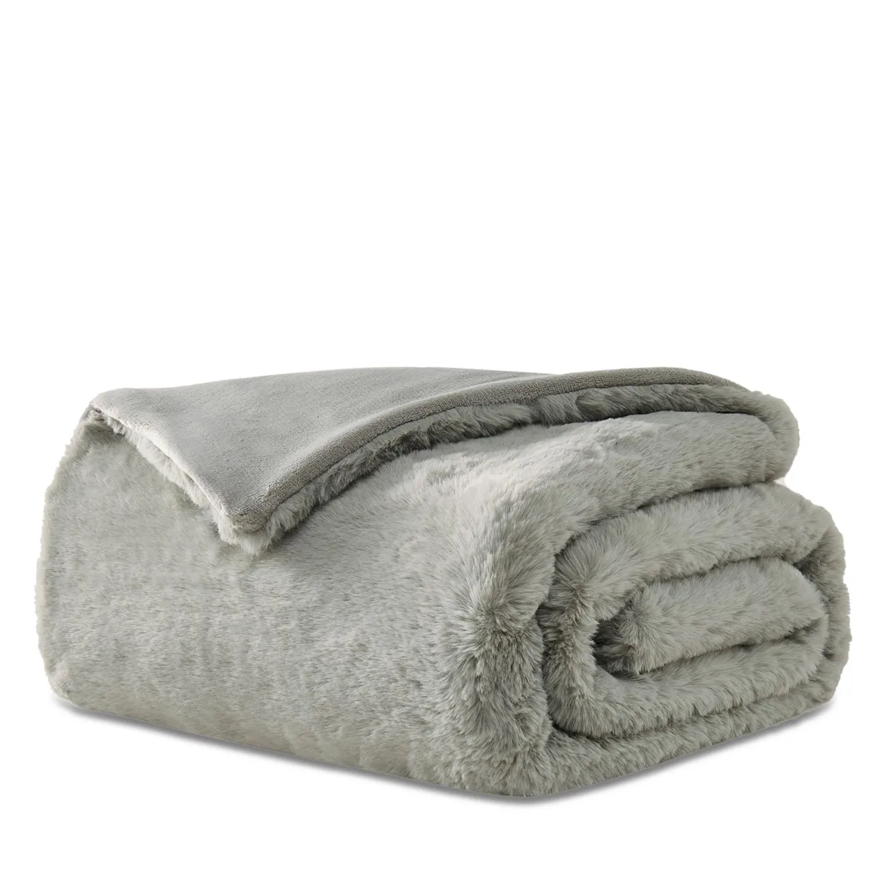 A folded, soft gray faux fur blanket with a smooth underside is shown.