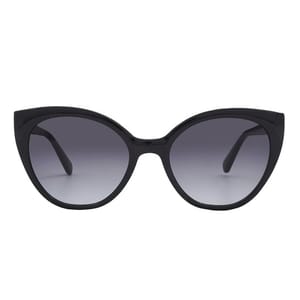 A pair of oversized black sunglasses with tinted lenses.