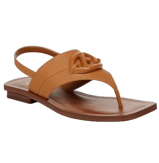 Tan slingback sandals with a thong design, featuring a toe loop and decorative knot detail on the strap, flat sole.